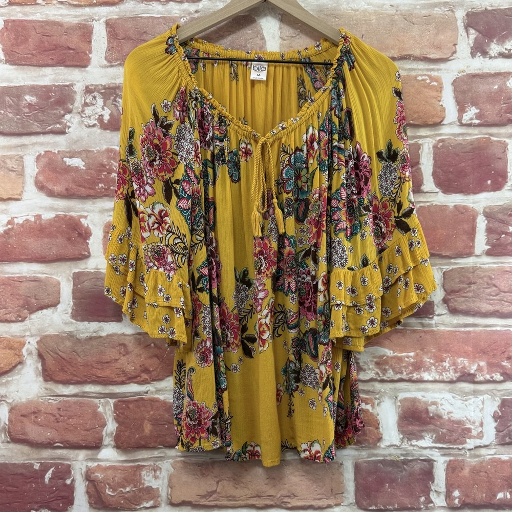 Bila Top Women's Medium Yellow Multicolor Boho Garden Floral Casual Shirt